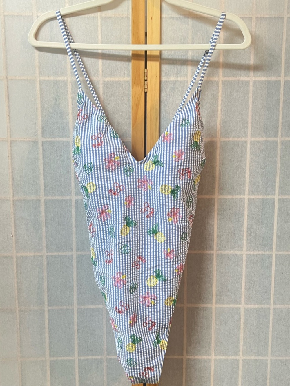 J. CREW NWT One Piece Swimsuit Size 12 Blue White Seersucker Criss Cross Back - Picture 11 of 11